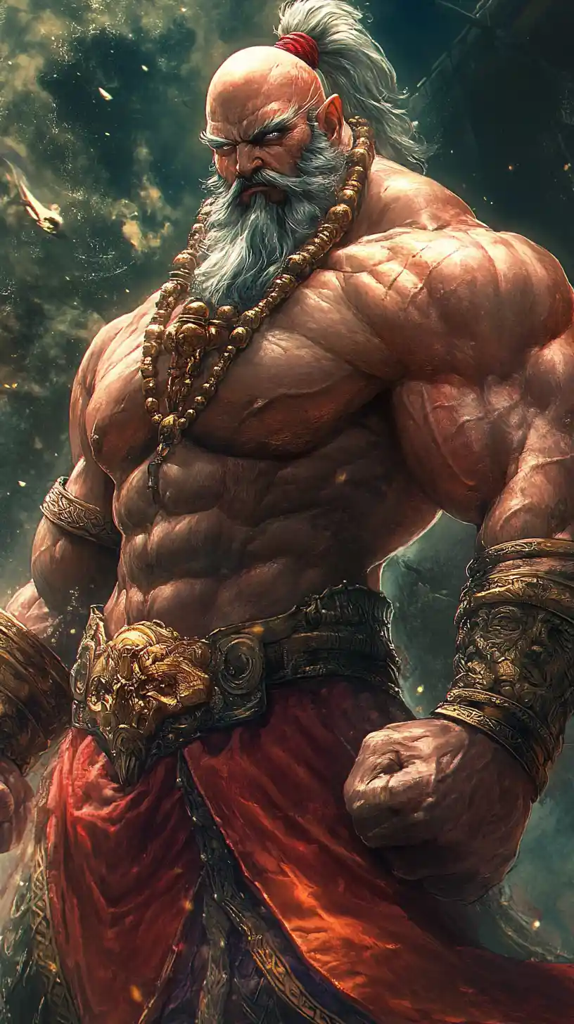 Guerrero musculoso de fantasía estilo anime en postura clásica de combate