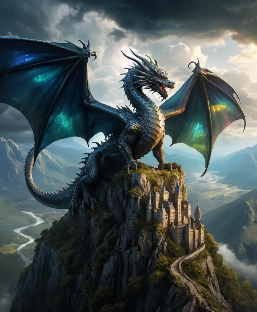 Majestic dragon towering above a stormy mountain valley