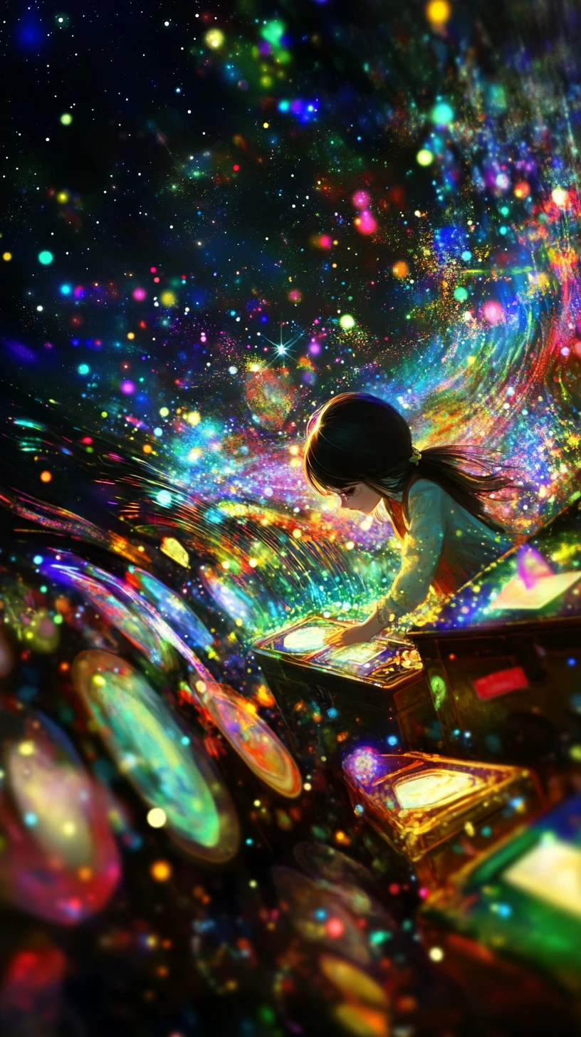 Anime girl dancing in a glowing fantasy treasure landscape