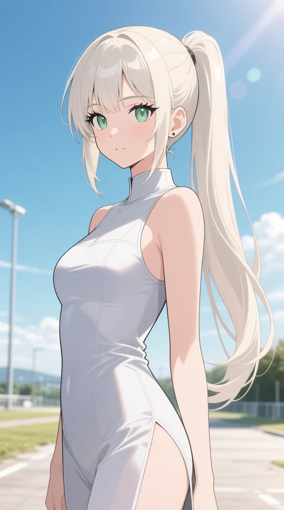 Elegant anime woman in sunlight full body outdoor scene