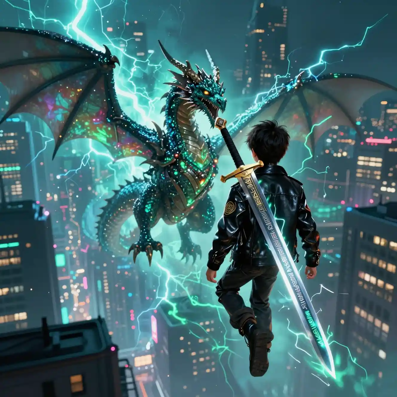 Futuristic dragon flying above neon cyberpunk city