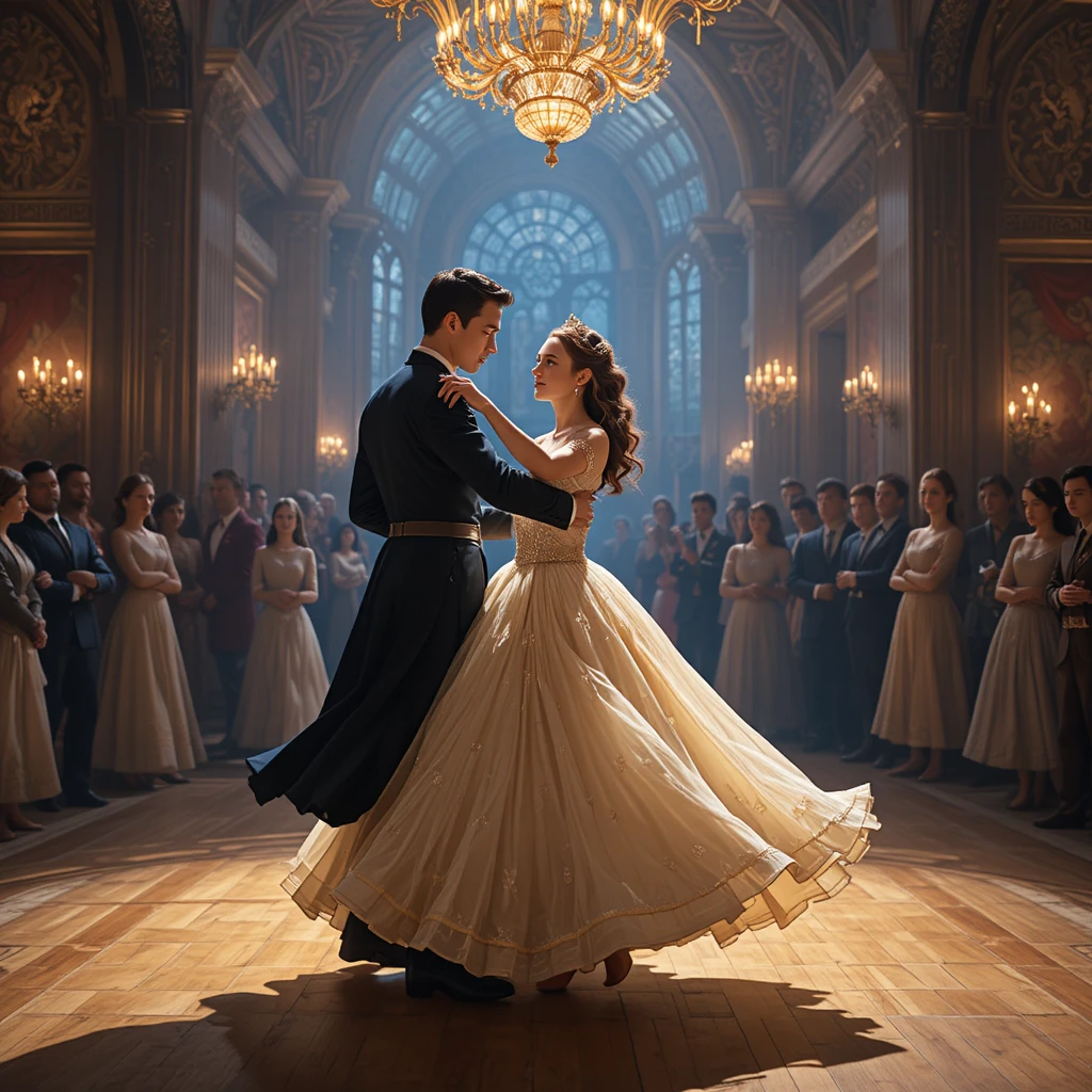 Royal couple dancing in a grand ballroom before a vast crowd
