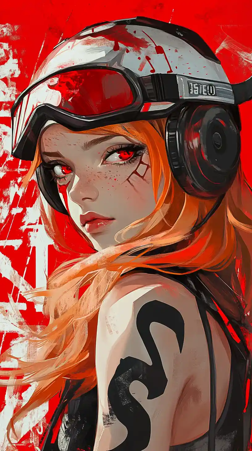 Anime biker woman with helmet and intense red eyes