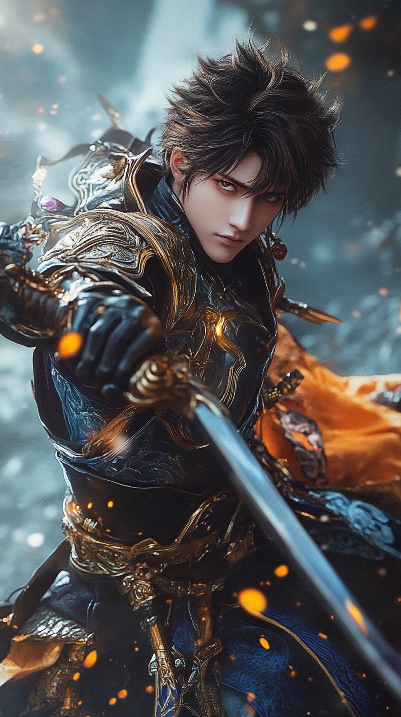 Anime fantasy warrior in a dramatic duel stance