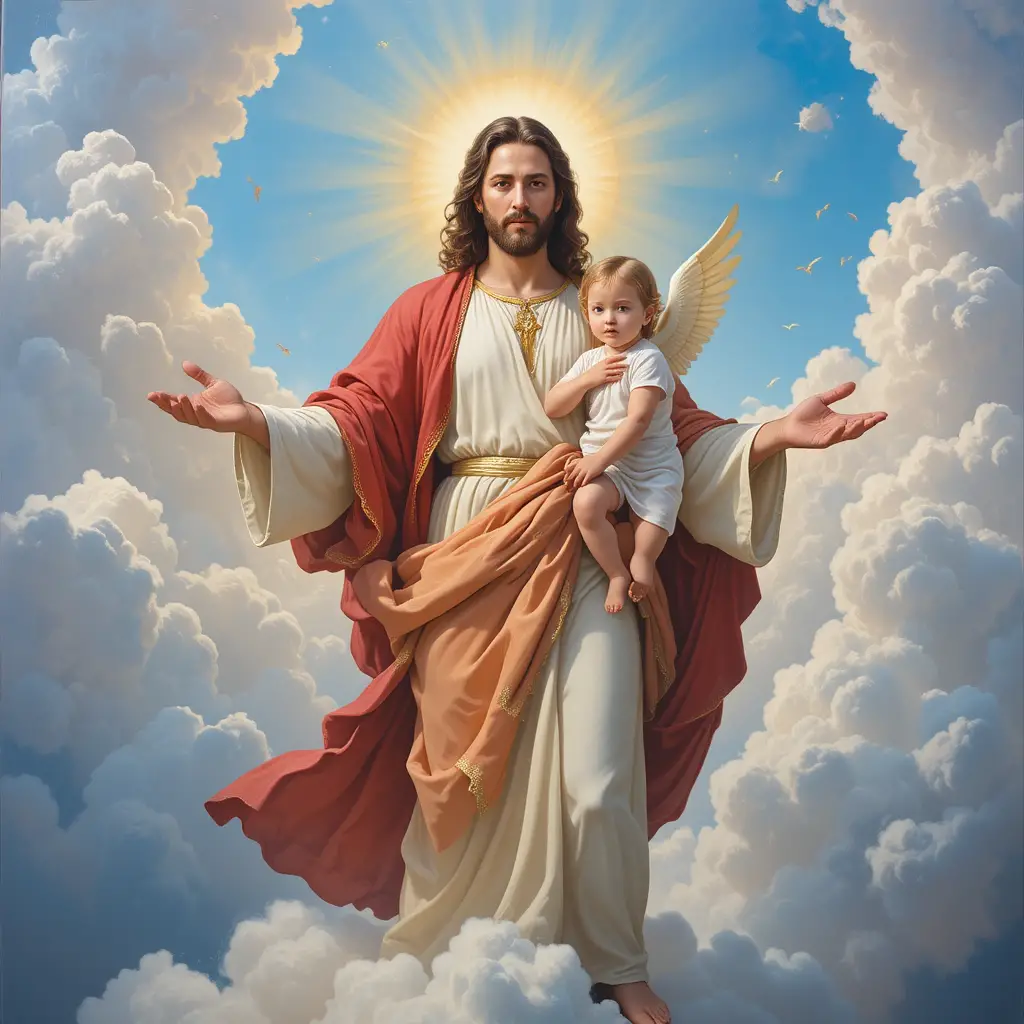 Jesus holding a baby angel above the clouds in heaven