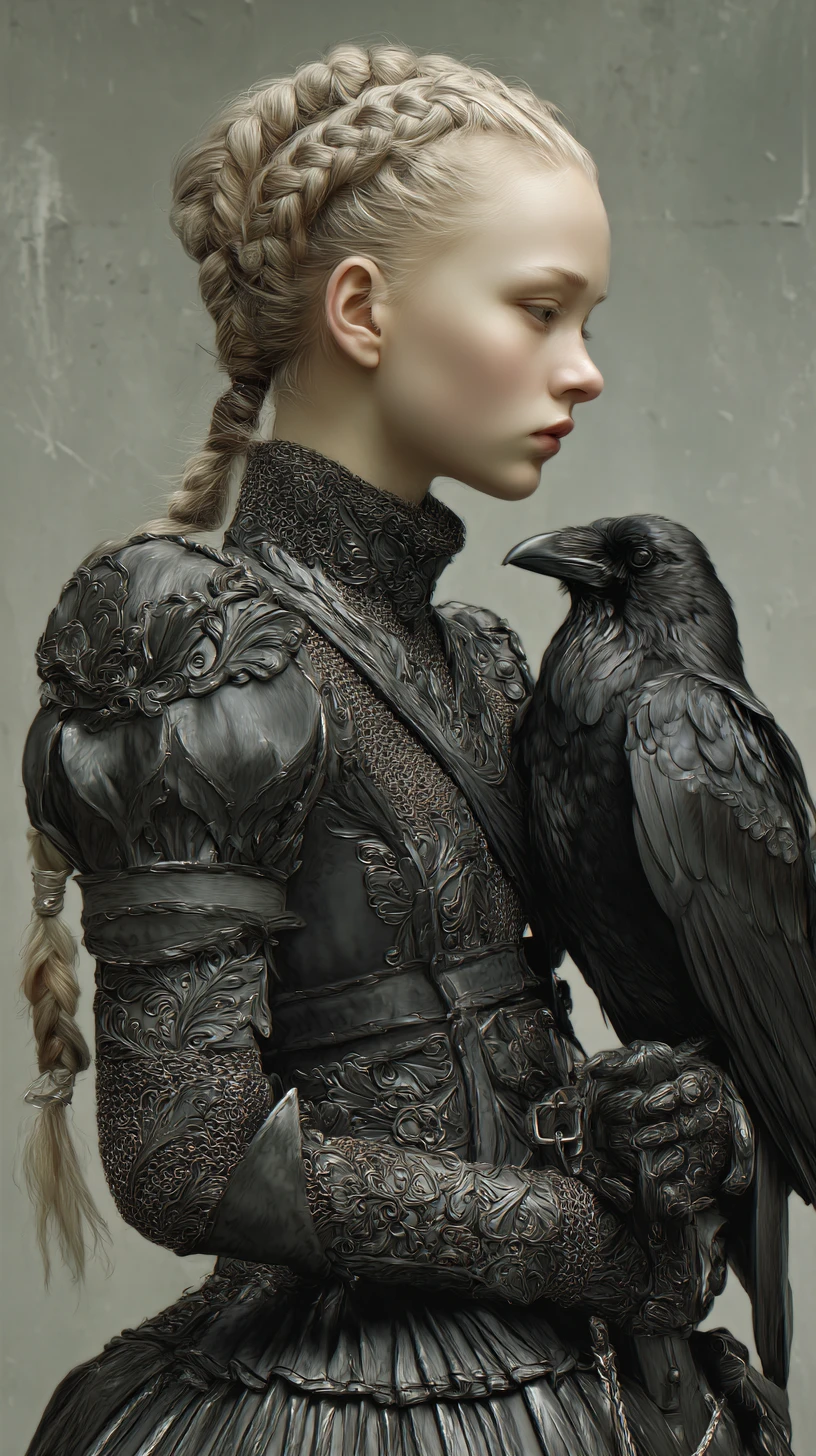 Warrior woman with raven before stormy ruined fortress walls