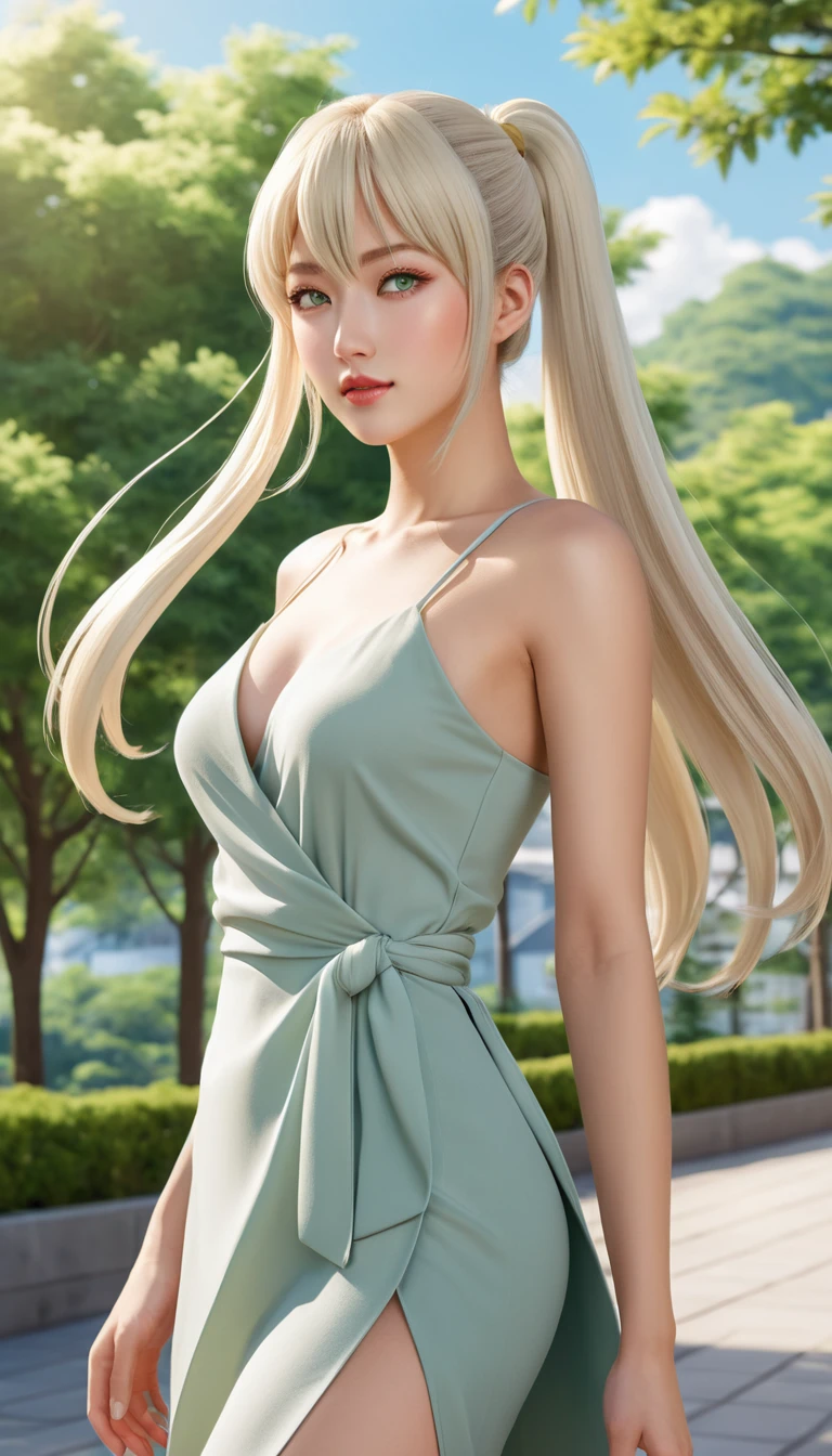 Confident anime woman standing outdoors in bright daylight