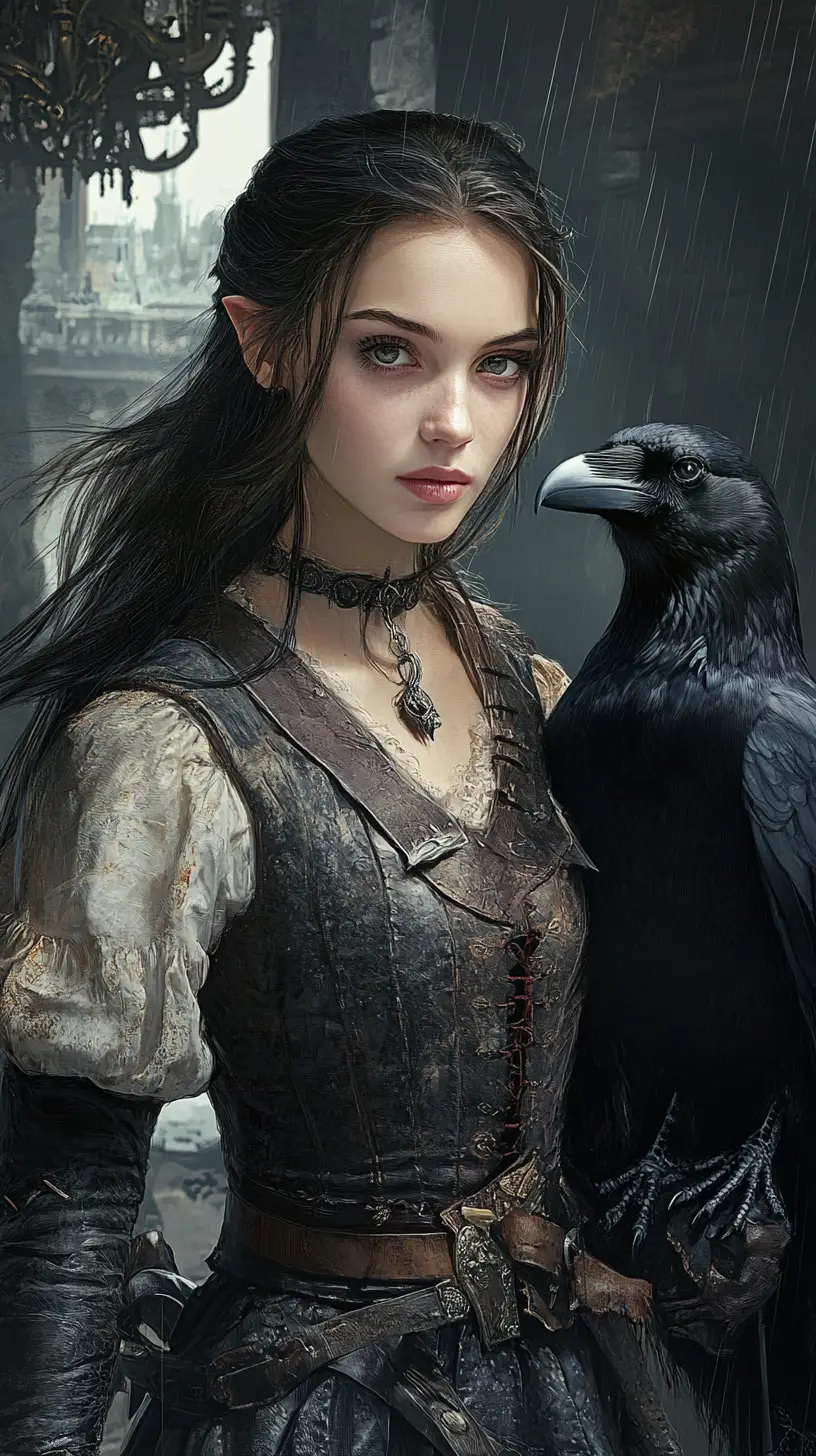 Warrior woman with raven in front of ruined fortress