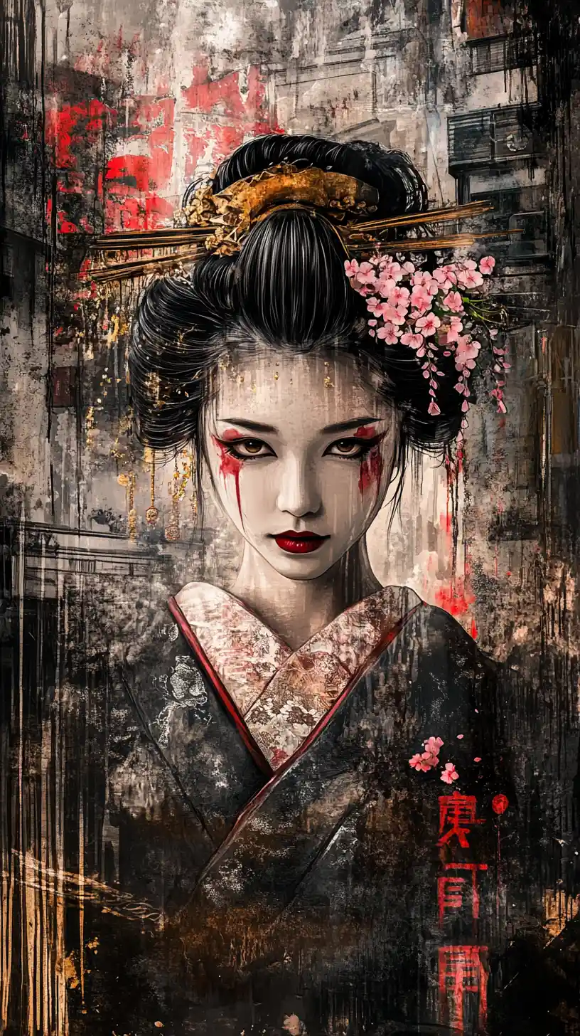 Geisha portrait against decaying city with calligraphy textures