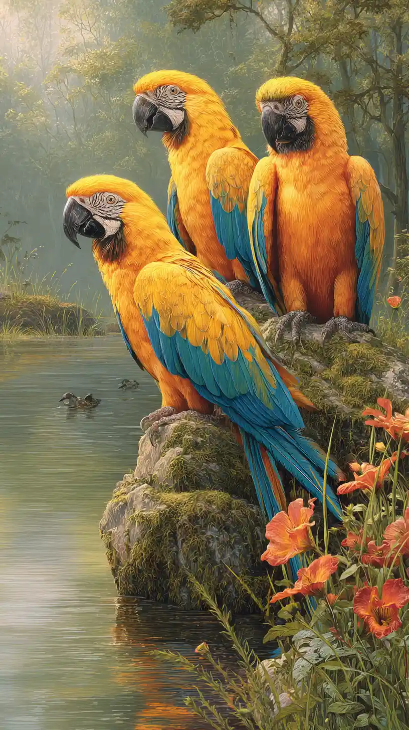 Colorful parrots by a tranquil lake in a lush park