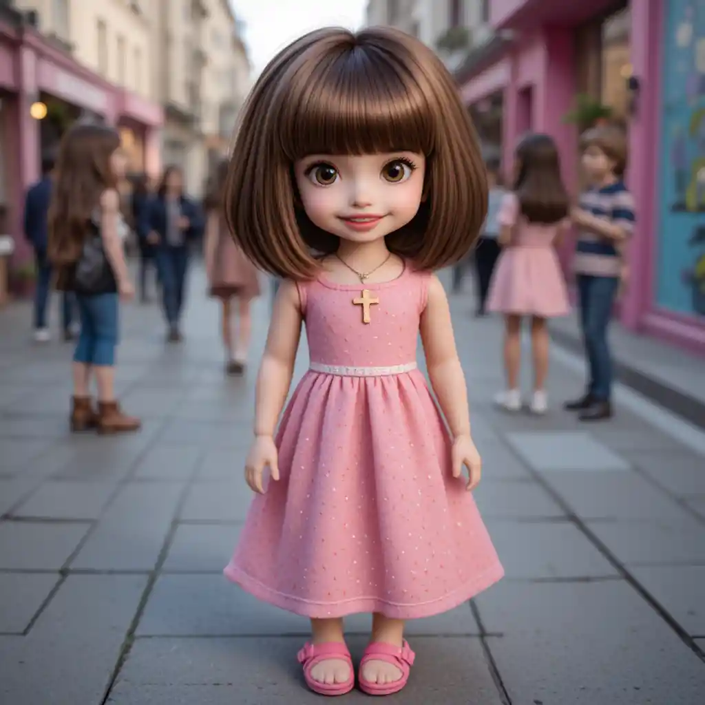 Brown haired doll in pink dress standing on city sidewalk