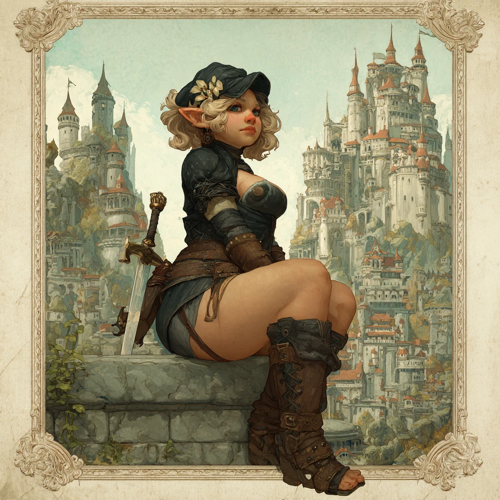 Reina trol steampunk ante un imponente castillo de rocas