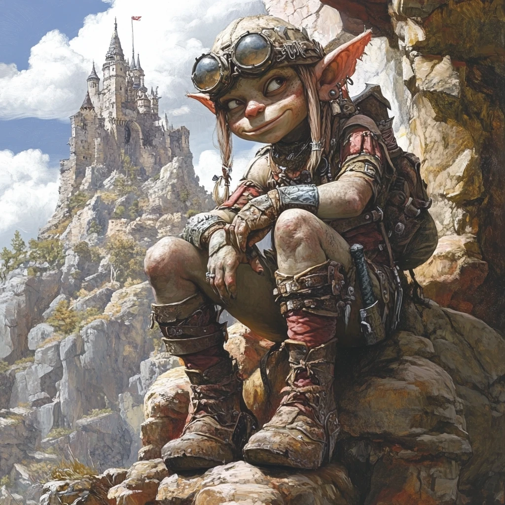 Regal troll queen before a towering stone fantasy castle