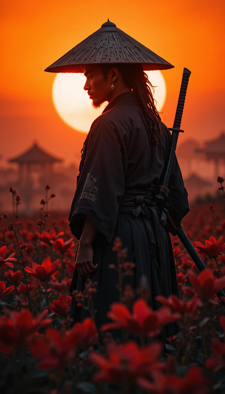 Lone afro samurai silhouetted against a blazing sunset