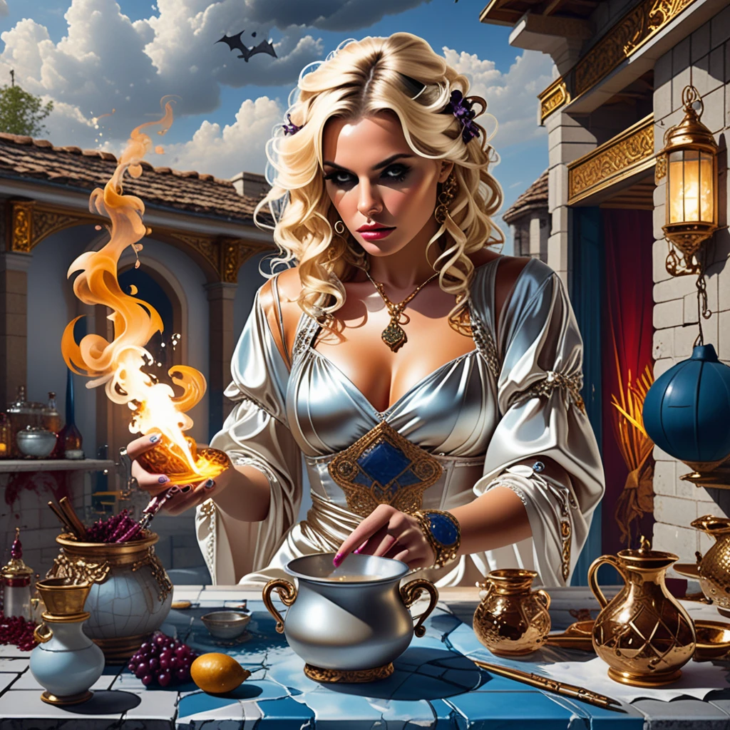Bruxa loira misturando poções em uma colorida loja medieval de magia
