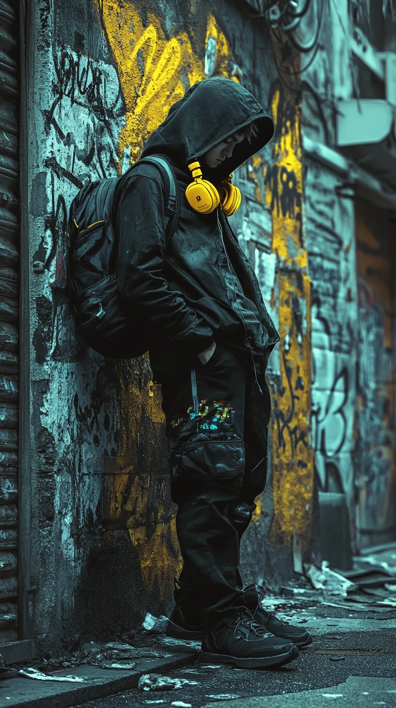 Giovane con cuffie gialle in un vicolo con graffiti