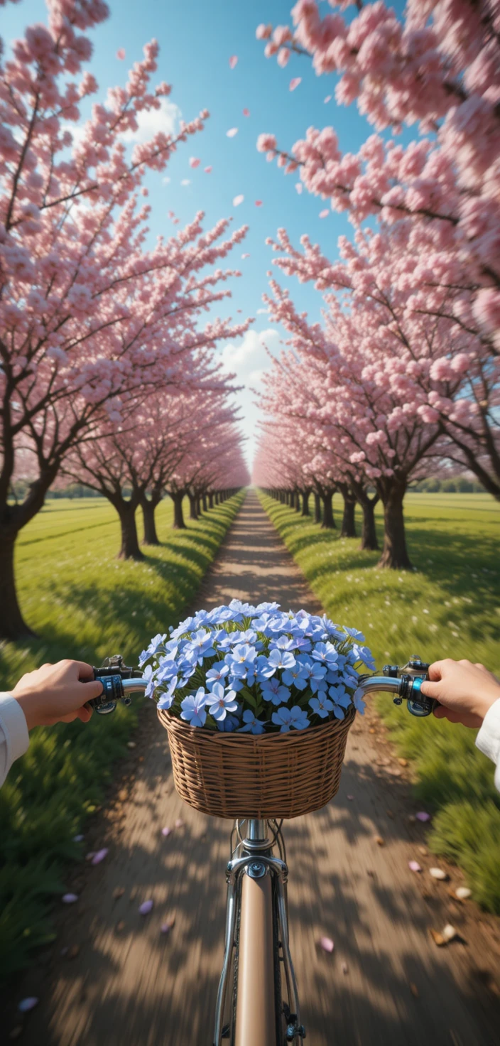 Paseo en bicicleta de primavera por un camino rural florido
