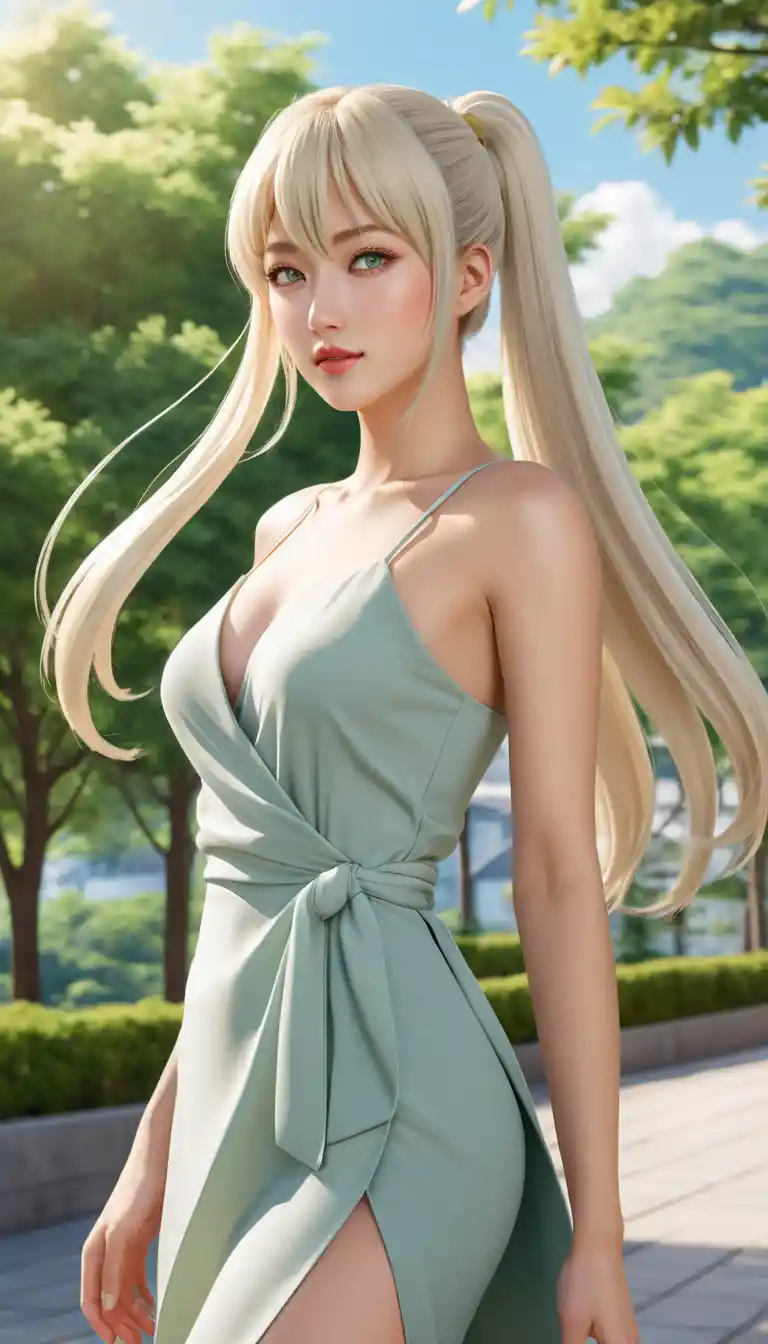 Confident anime woman standing outdoors in bright daylight