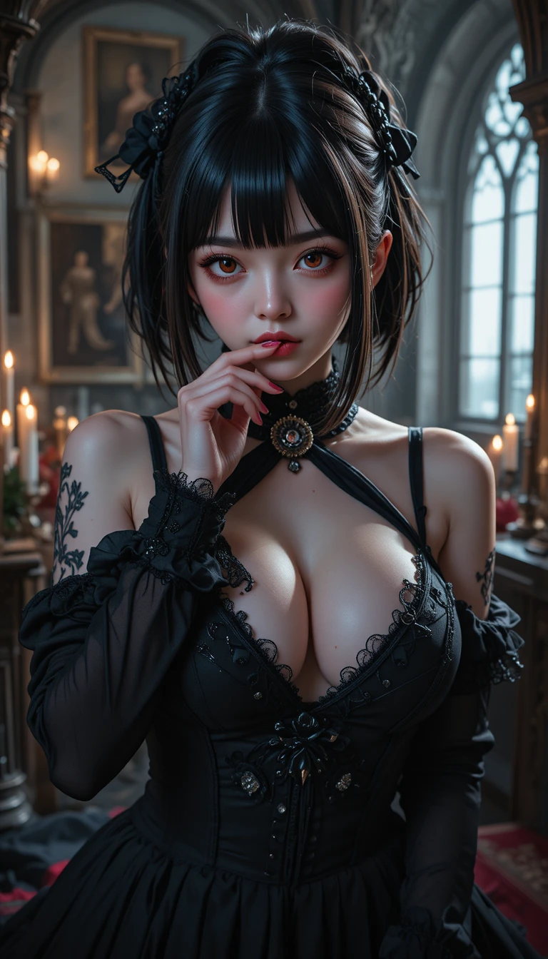 Gothic anime woman in black dress in candlelit castle