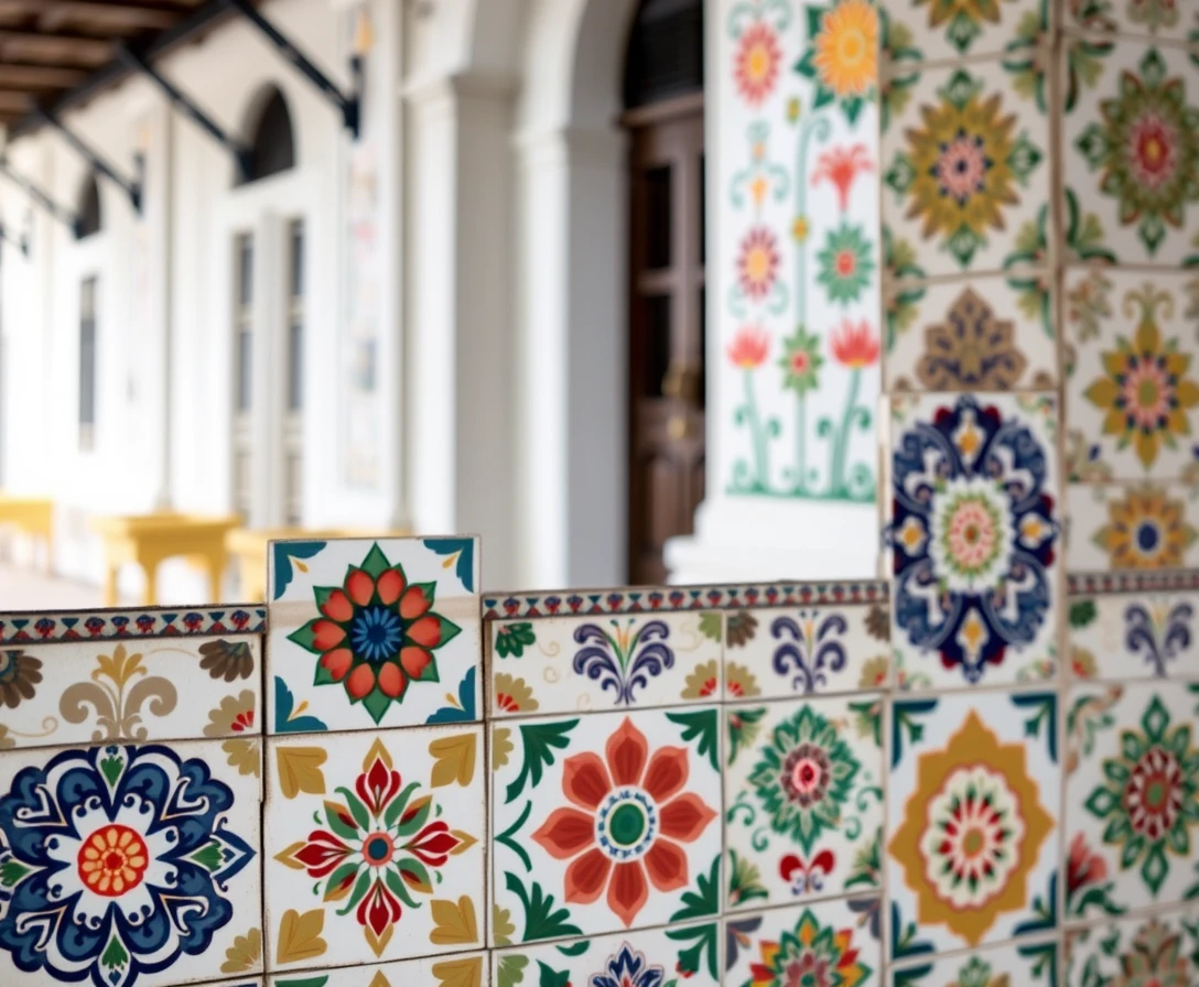 Carreaux de céramique colorés sur la façade d’un bâtiment colonial
