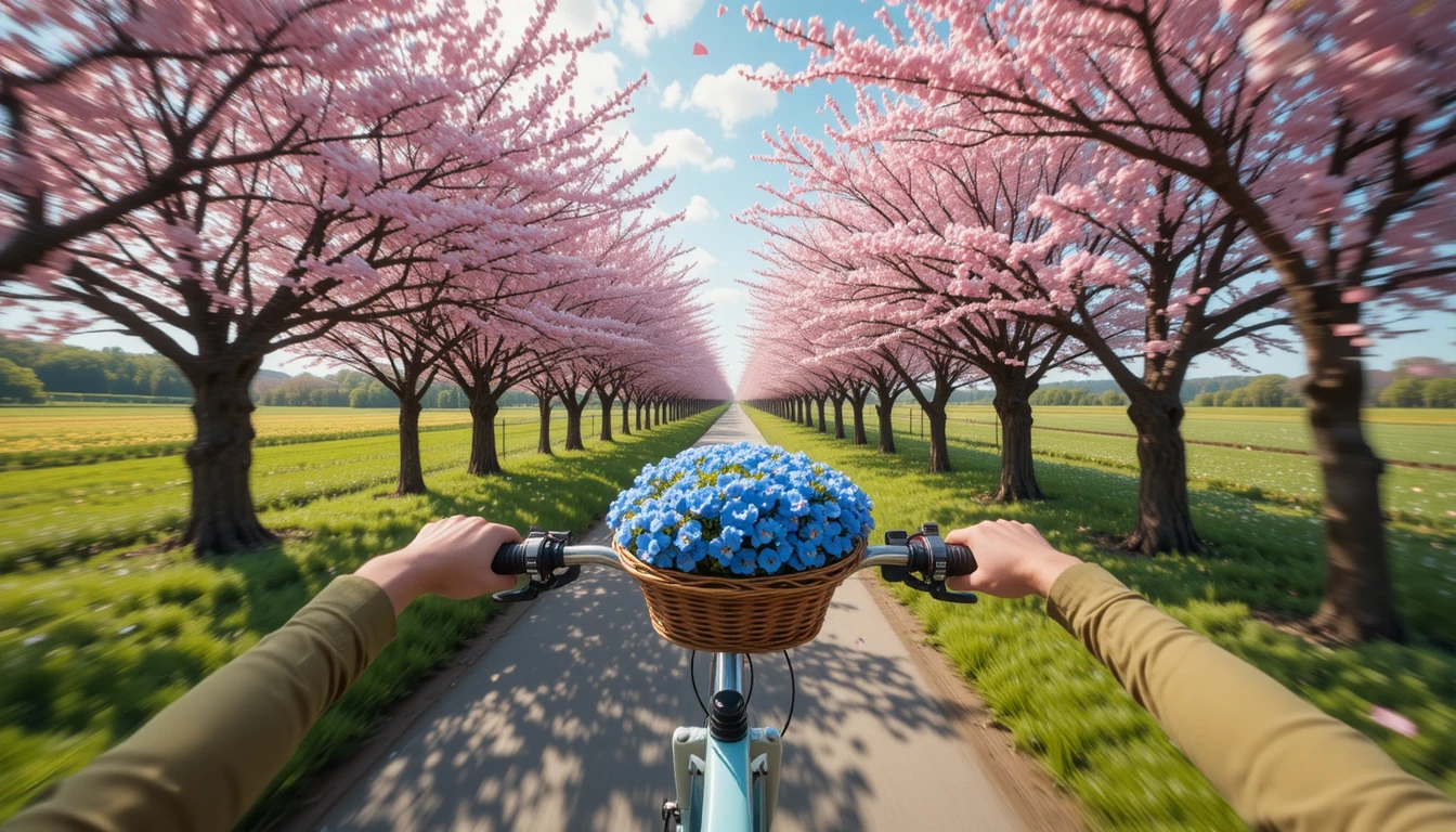 Ciclista su un sentiero di campagna sotto petali di ciliegio che cadono