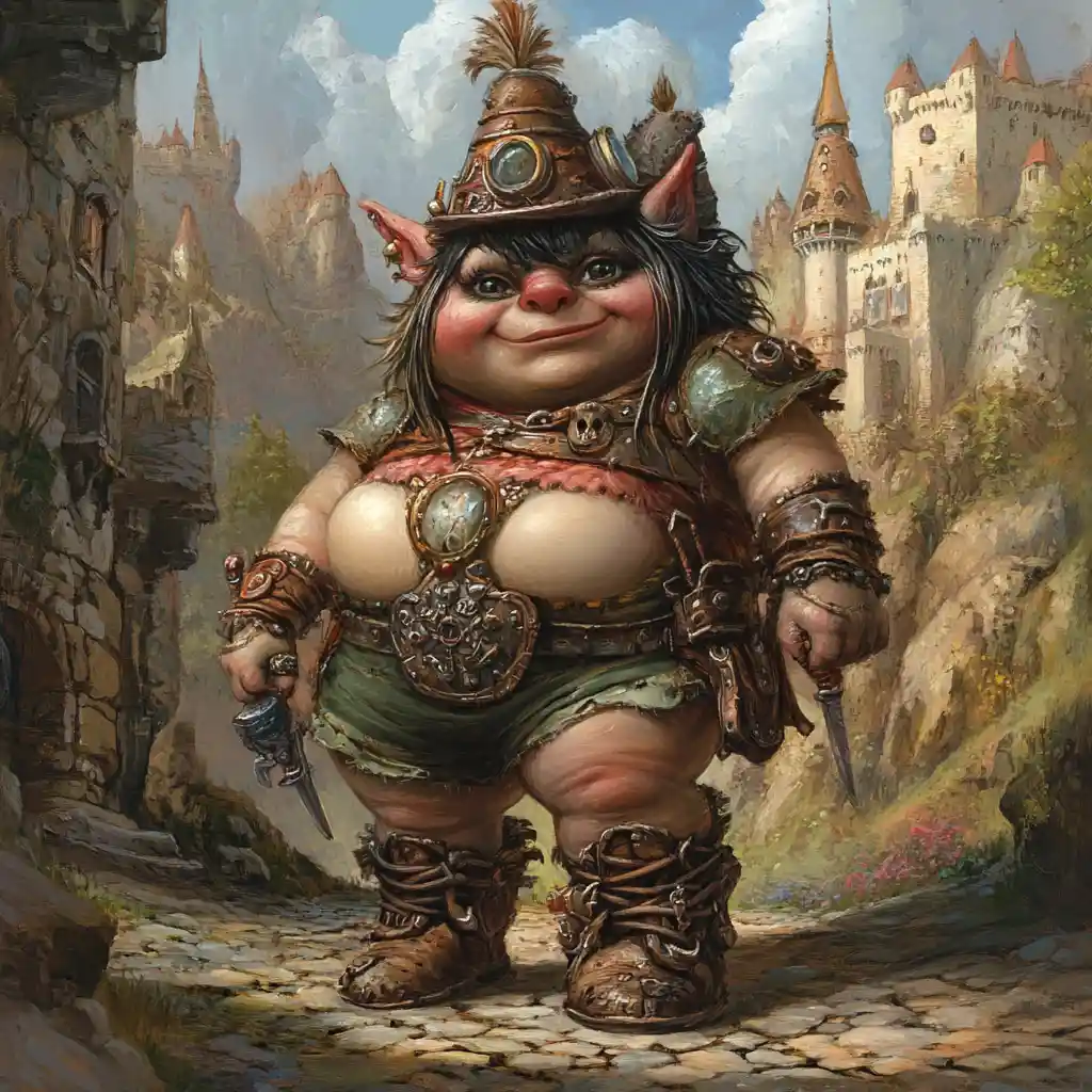 Regale regina troll davanti a un imponente castello di pietra fantasy