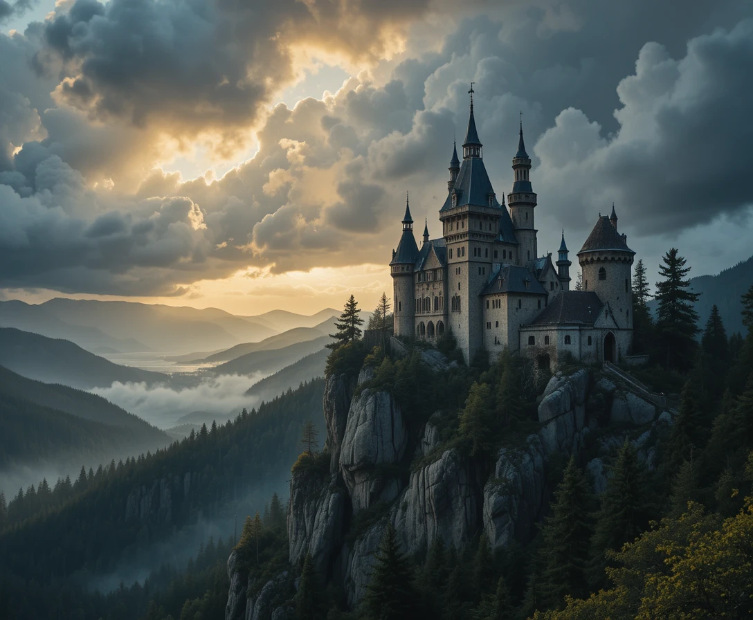 Castillo medieval de piedra sobre un acantilado a la luz dramática del atardecer