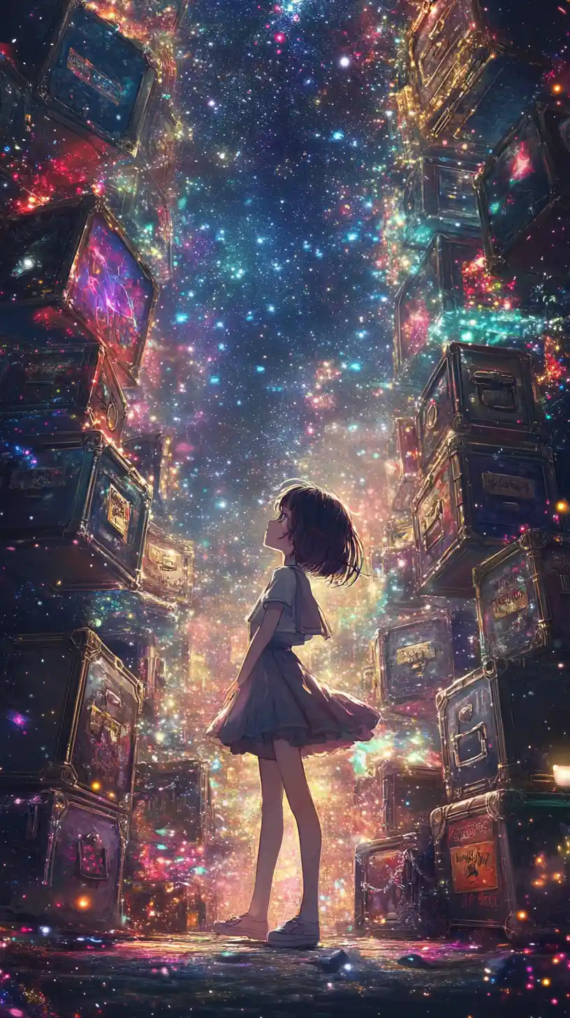 在發光寶箱幻想國度中起舞的動畫少女