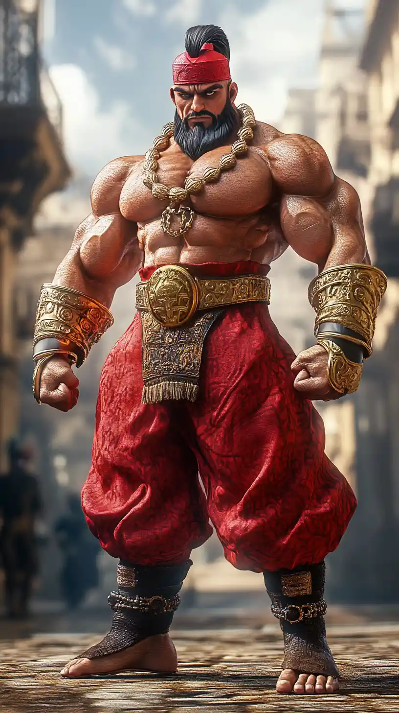 Enorme guerriero russo in sfarzosa posa di battaglia anime rossa