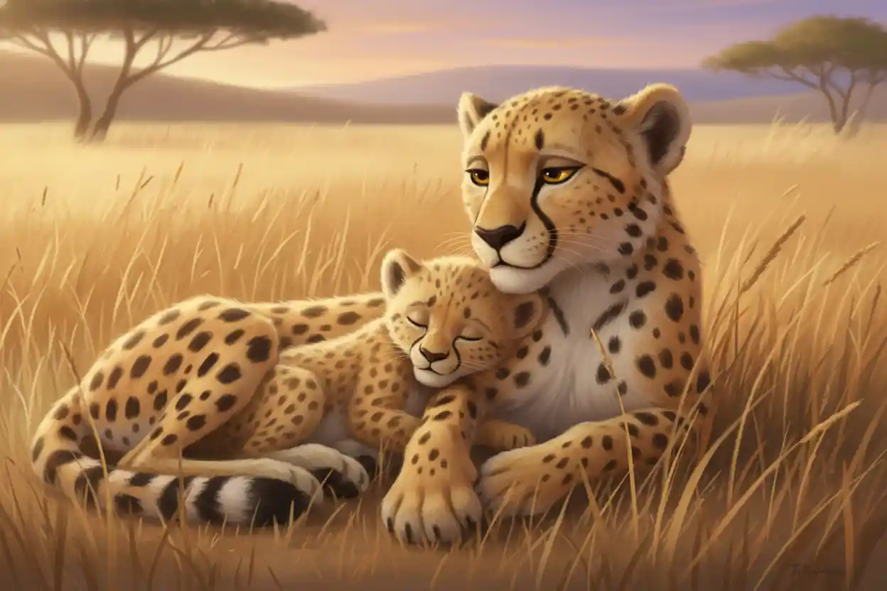 Filhote de guepardo abraçado à mãe no pôr do sol quente da savana