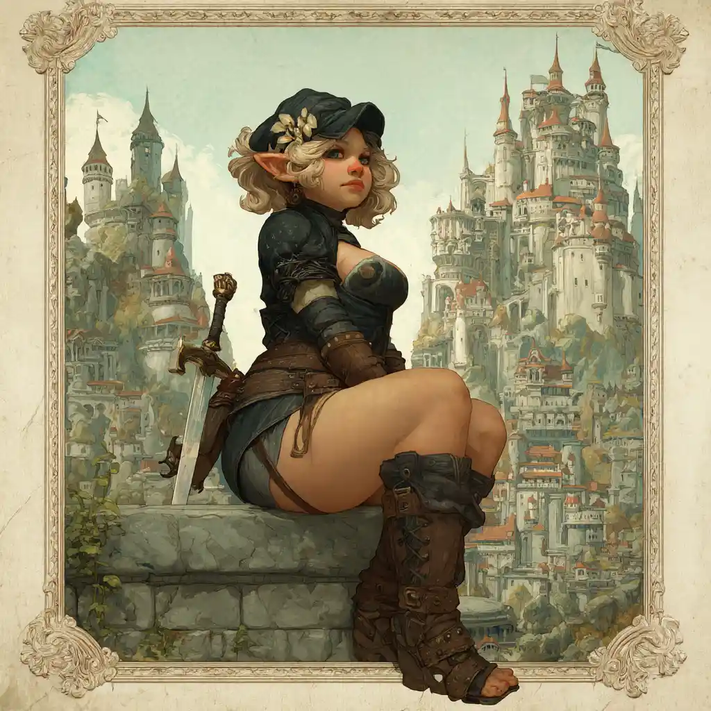 Steampunk troll queen before a massive boulder castle