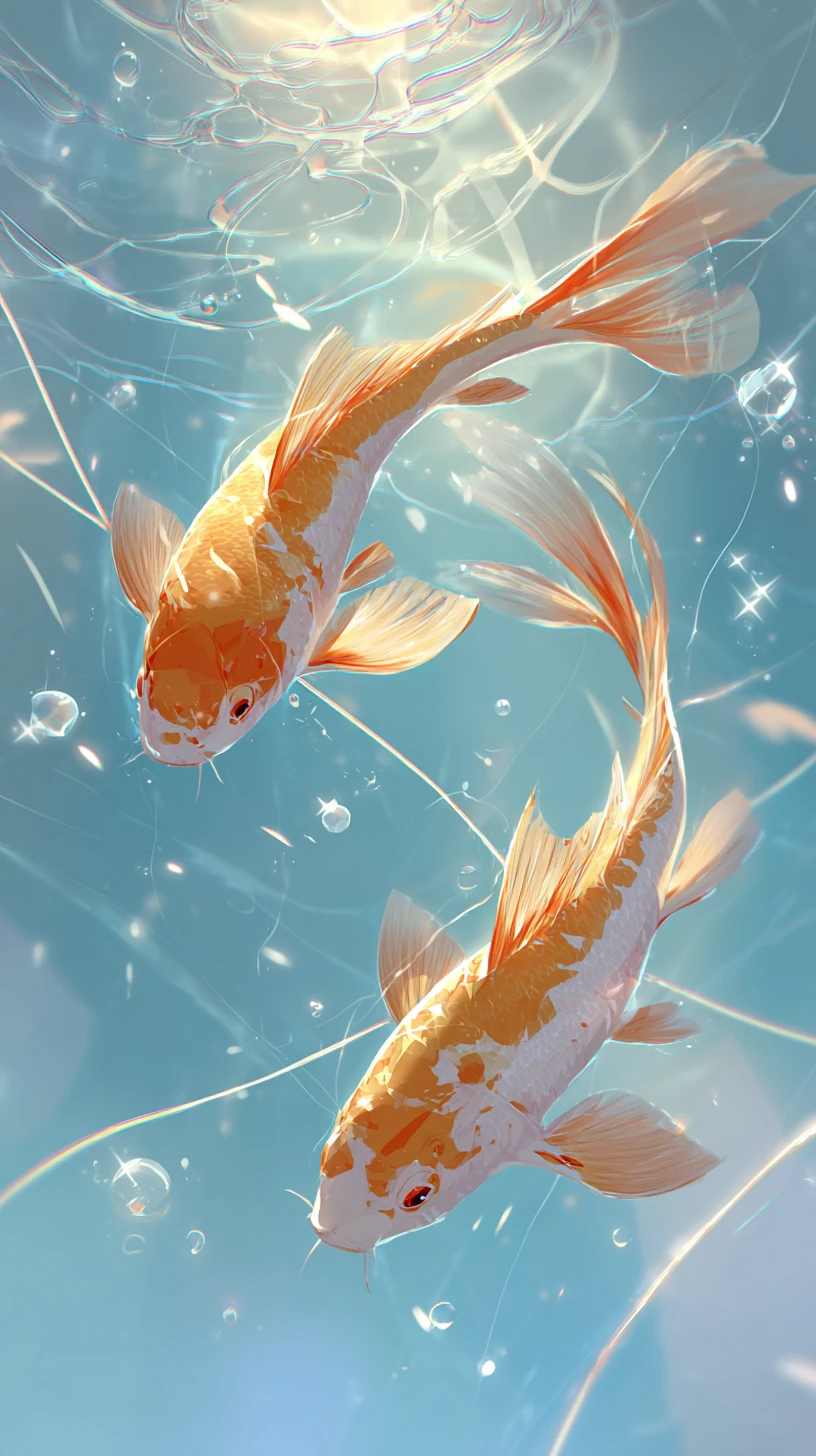 Carpas koi doradas nadando en un cielo submarino de ensueño