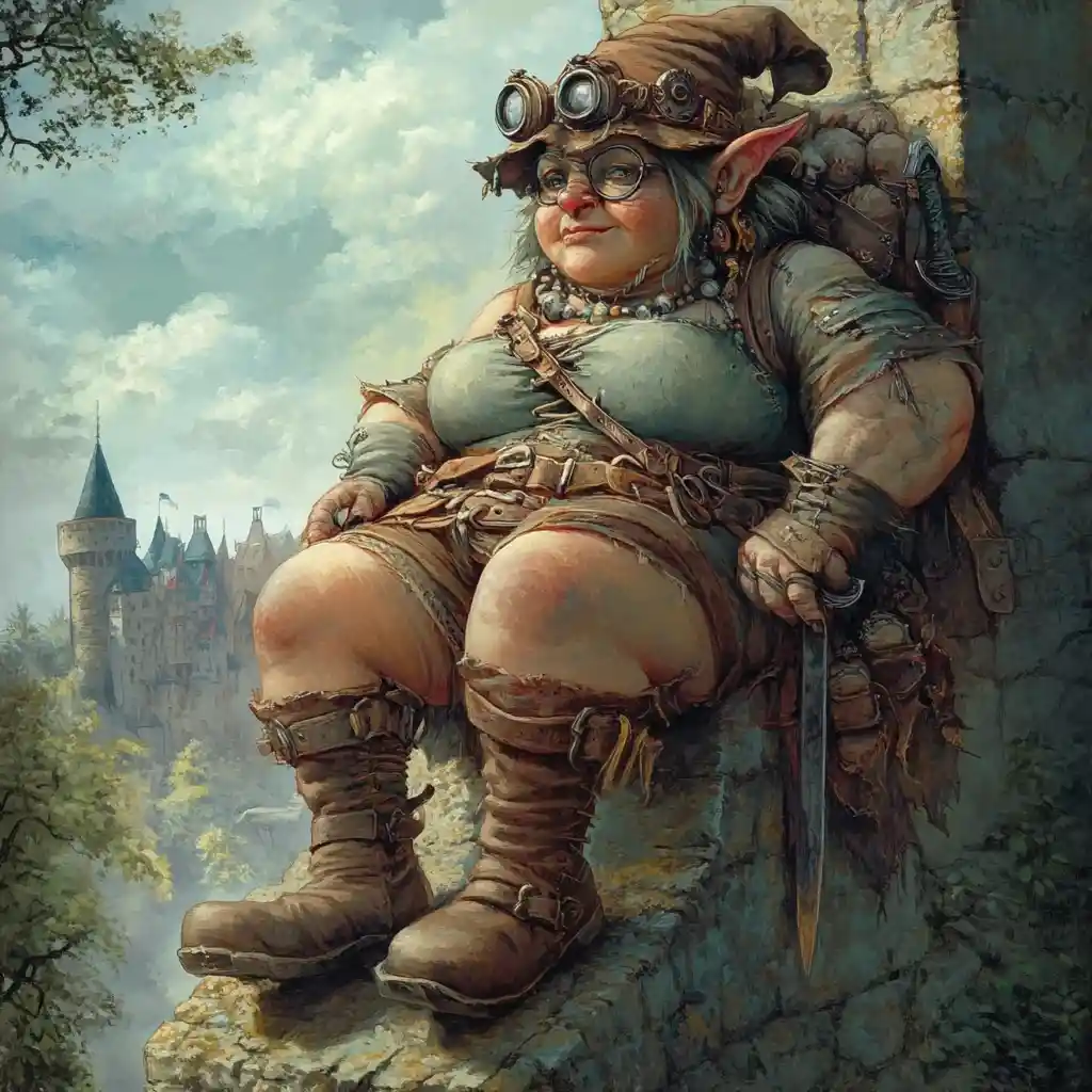 Regina Troll Steampunk con Tunica di Pelle davanti a Castello di Pietra