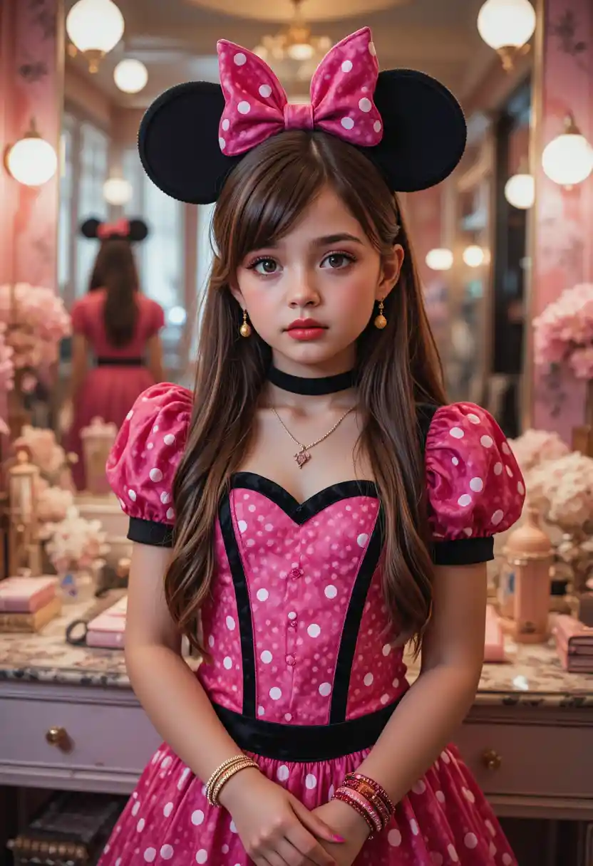 Chico preadolescente nervioso con disfraz de Minnie Mouse frente al tocador