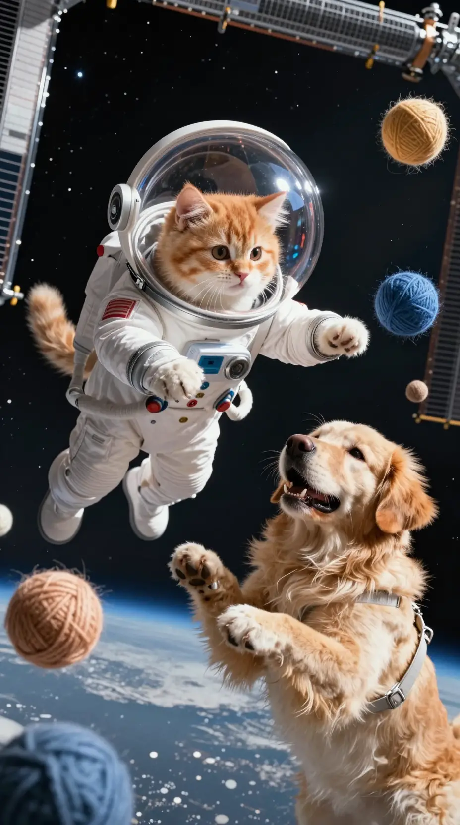Playful space kitten in bubble helmet with floating yarn