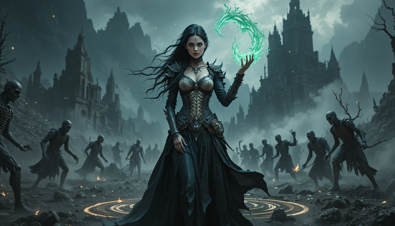 Necromancer queen summoning undead in ash covered wasteland
