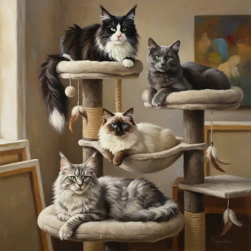 Cuatro gatos sentados juntos en un gran rascador interior