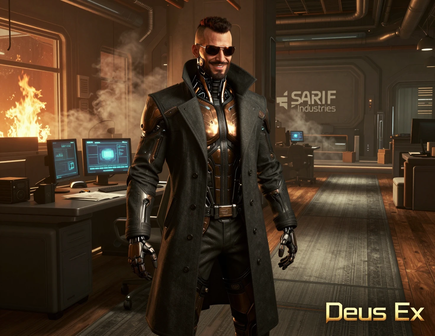 Augmented cyberpunk detective in a burning futuristic office