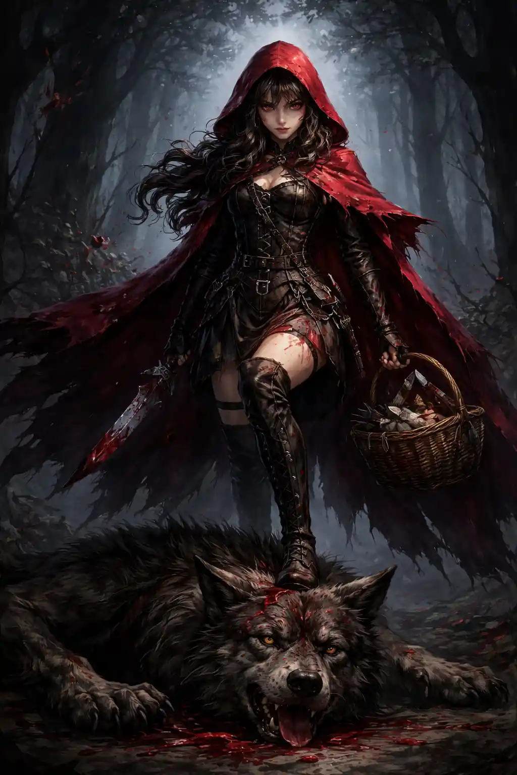 Defiant red cloaked girl facing a wounded wolf