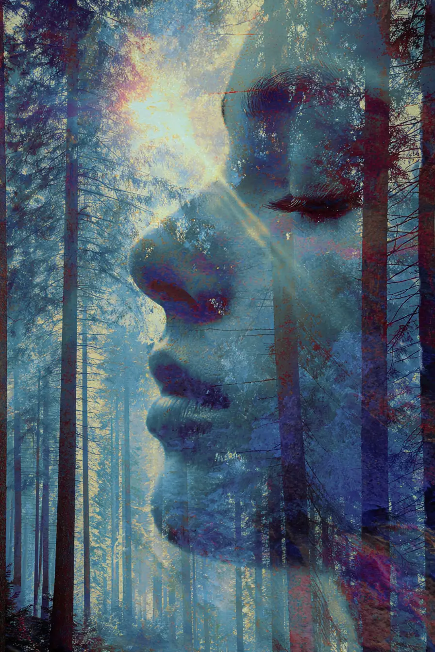 Heartbroken double exposure over surreal forest and sea