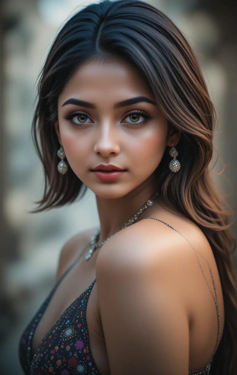 Indian woman close up portrait looking back over shoulder