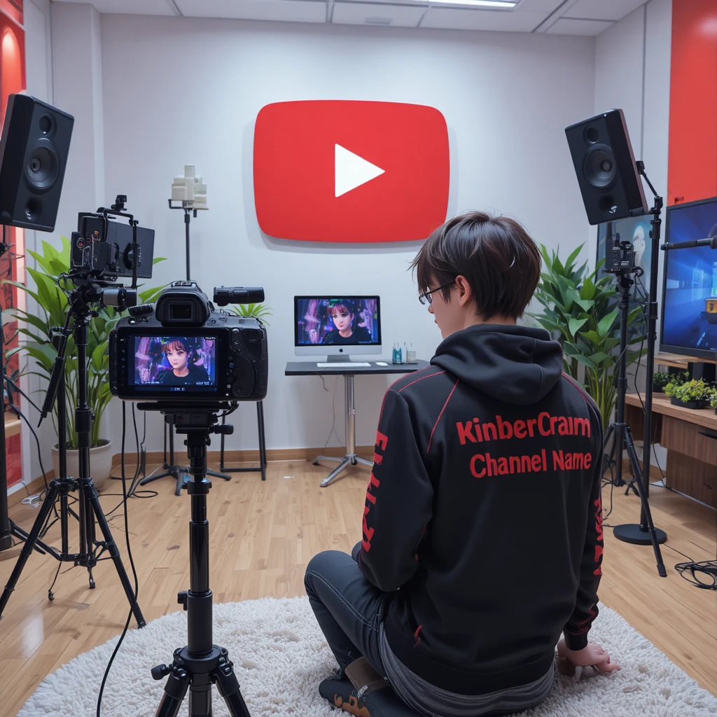 Anime creator filming in a modern YouTube studio