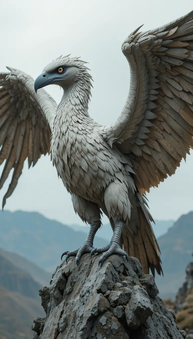 Mythical bird perched on stone above a quiet valley