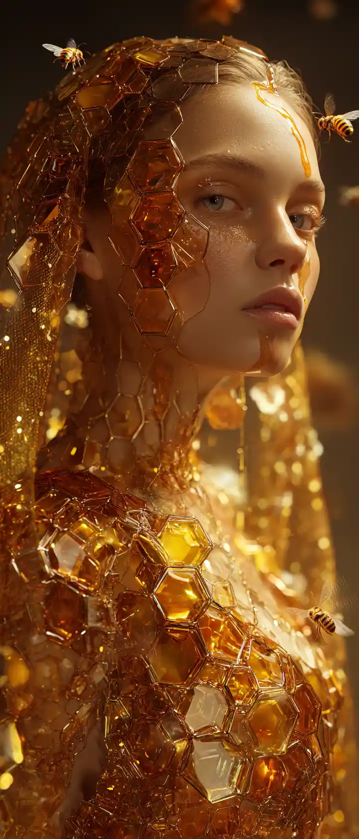 Ethereal honey goddess in golden honeycomb armor portrait