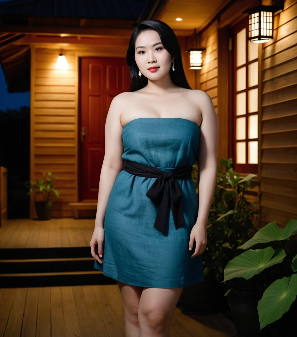 Curvy Vietnamese woman in strapless dress at wooden house