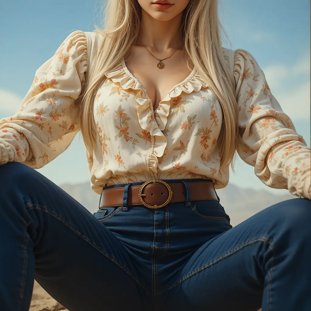 Stylish woman in cream blouse and jeans full body portrait