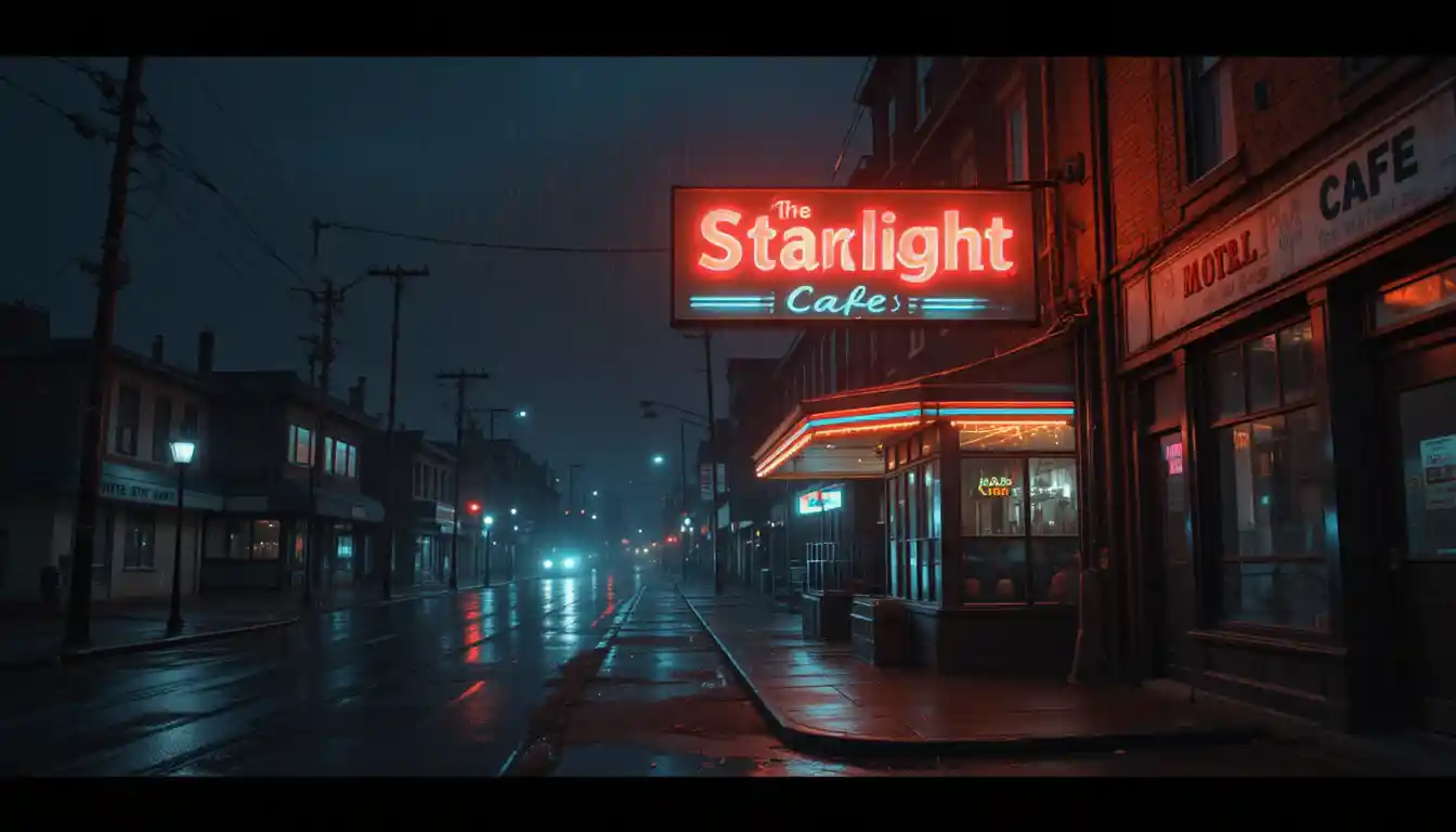 Neon diner sign glowing over a rainy empty city street