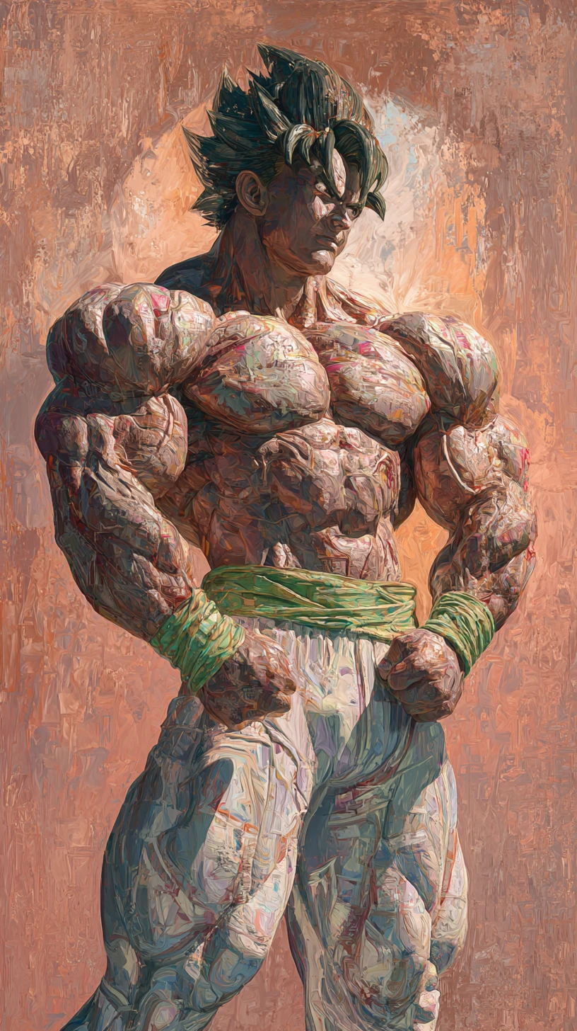 Bodybuilder guerriero Saiyan che posa in una scena di tramonto drammatica