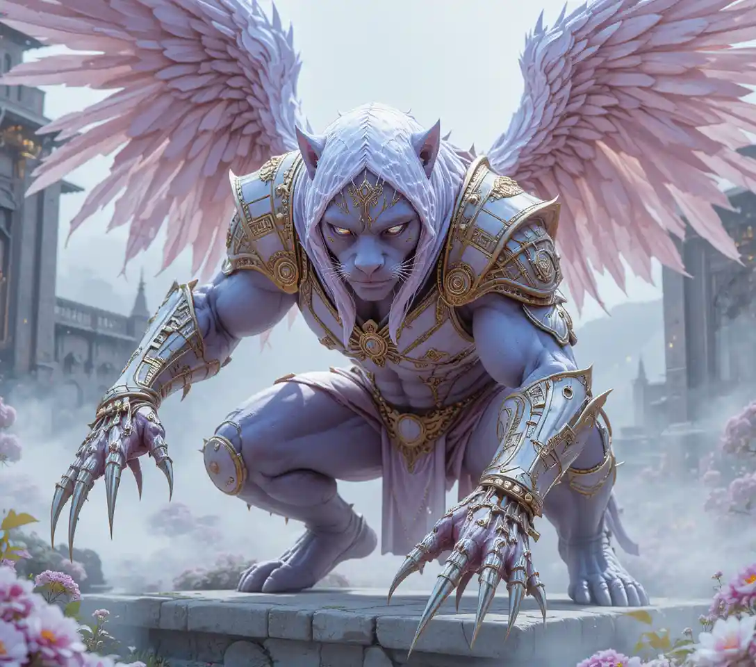 Guerrier panthère violette ailé devant un palais blanc fantastique