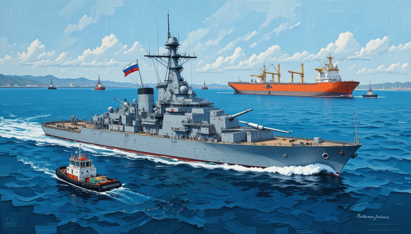 Russian naval destroyer escorted by tugboats at sea